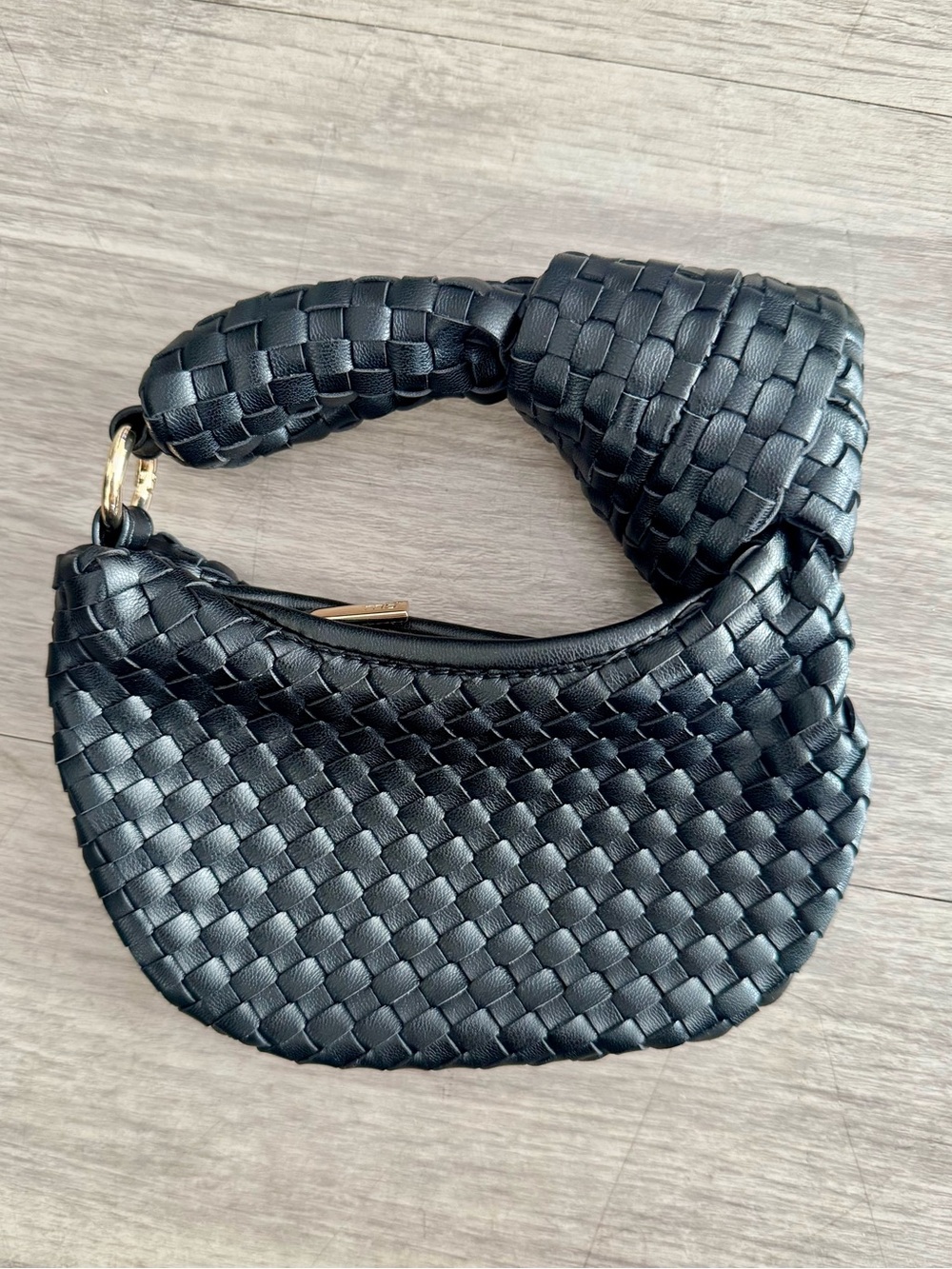 Melie Bianco MB Black Woven Mini Hobo Bag Knotted Handle Gold Hardware